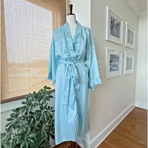 Vintage Kathryn Satin Robe Medium Blue Striped Loungewear 70s 80s Grannycore